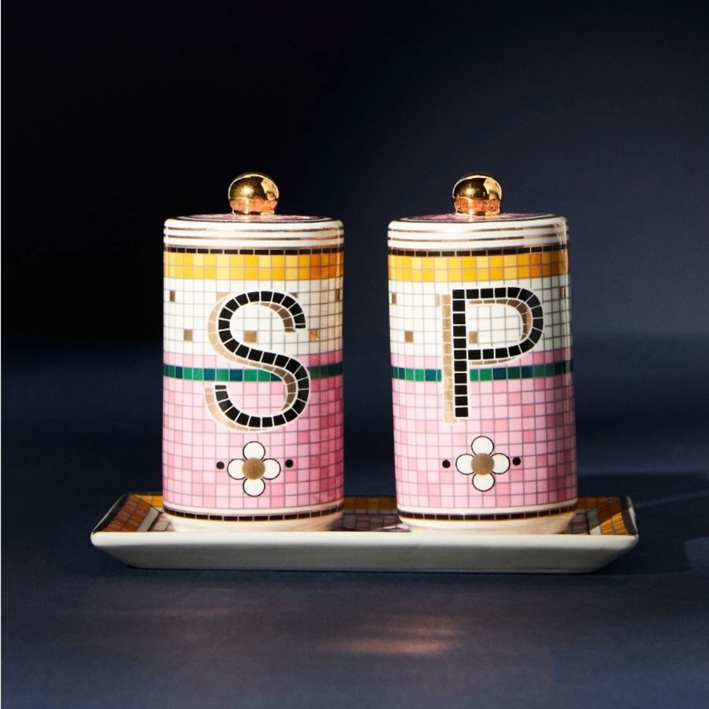 ANTHRO bistro pink/rose salt & pepper shakers w/ dish